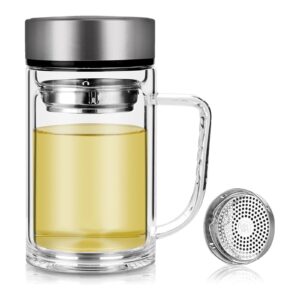 لیوان دمنوش شیشه‌ای دسته‌دار با درب استیل و فیلتر داخلی جداشونده