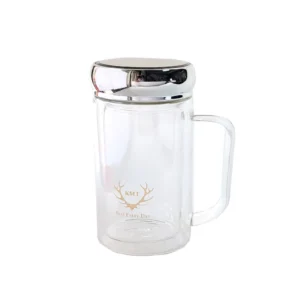 دمنوش‌ساز شیشه‌ای درب آینه‌ای دسته‌دار با فیلتر استیل و بدنه شفاف مقاوم به حرارت